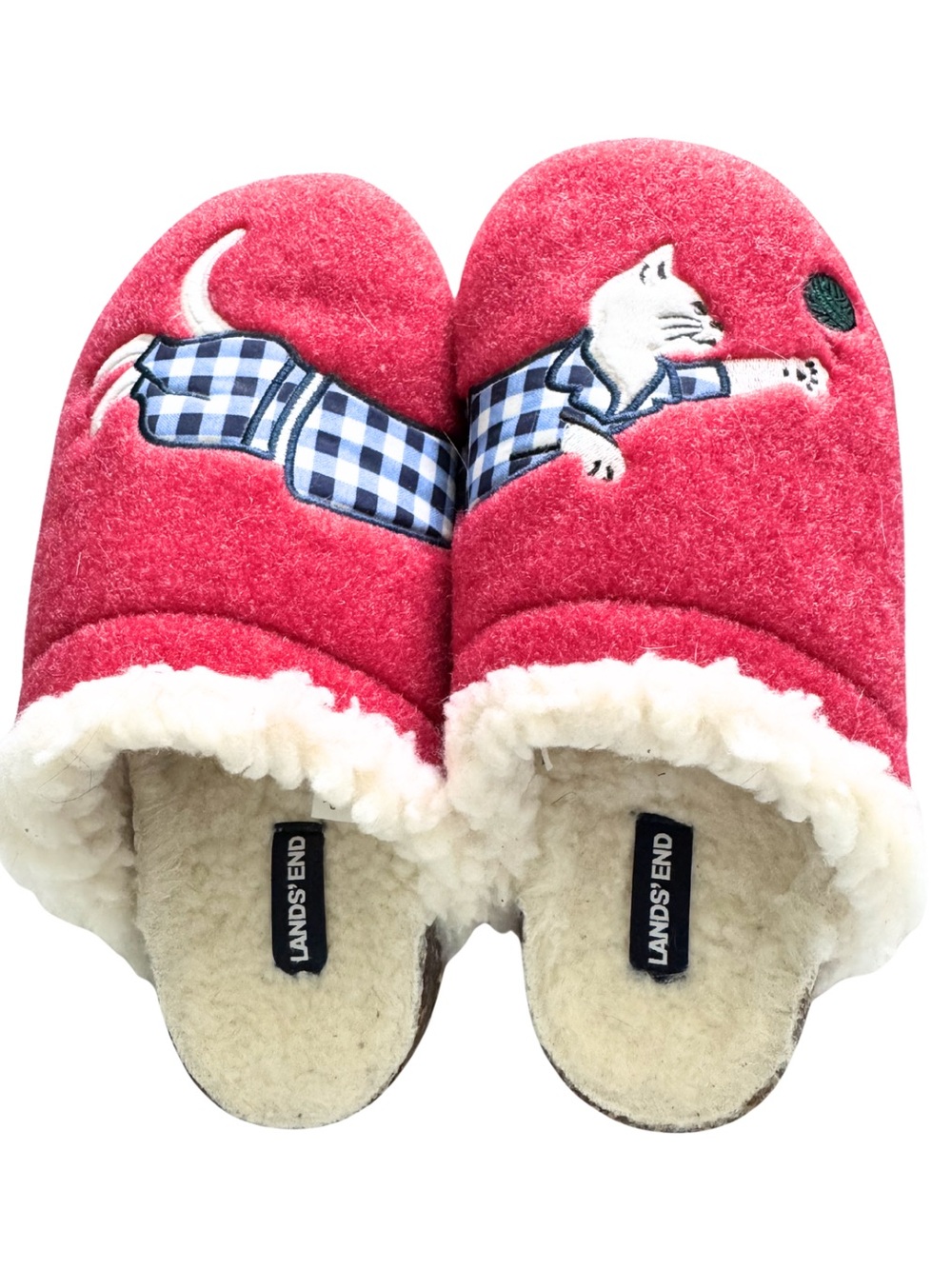 Land's End  New Red Cat Slippers Cozy Fleece Faux Fur Lining House Shoes Size 9B